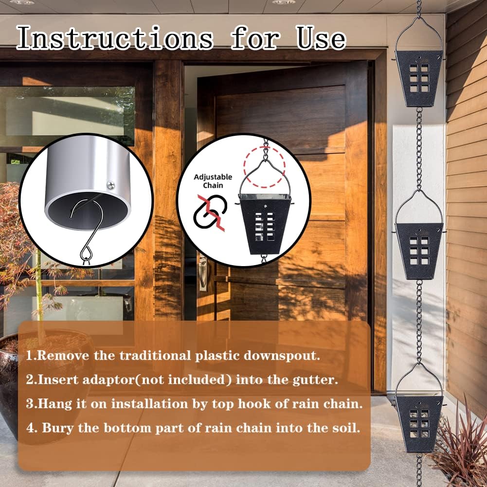 10 Ft Rain Chain, Black Square Rain Gutter Chains with 12 Cups | Adjustable Rain Catcher Chain with Bell for Eaves