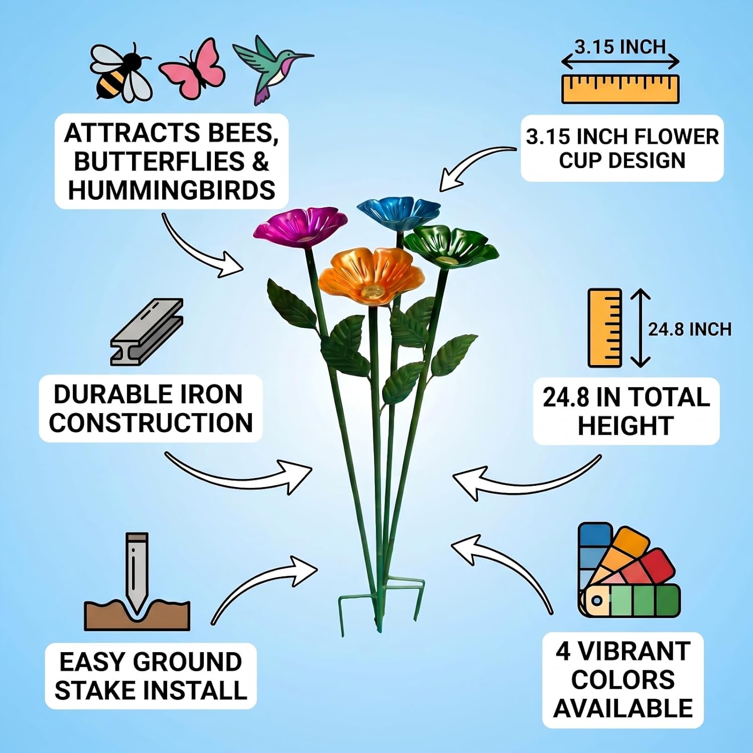Bee Watering Station for Garden,Metal Bee Bath with Flower Design,Colorful Pollinator Watering Station,4-Pack