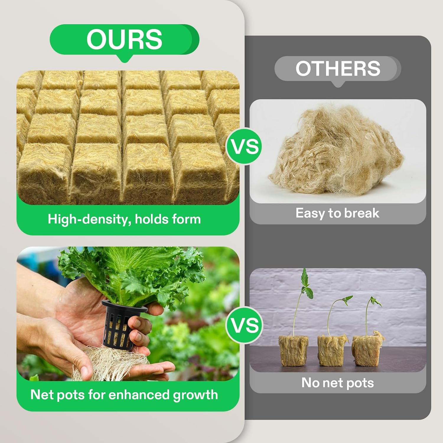 VIVOSUN 72 Rockwool Cubes & Net Pots Set for Hydroponics | 1.2" x 1.2" x 1.6" Cubes, 2" Net Cups for Hydroponic