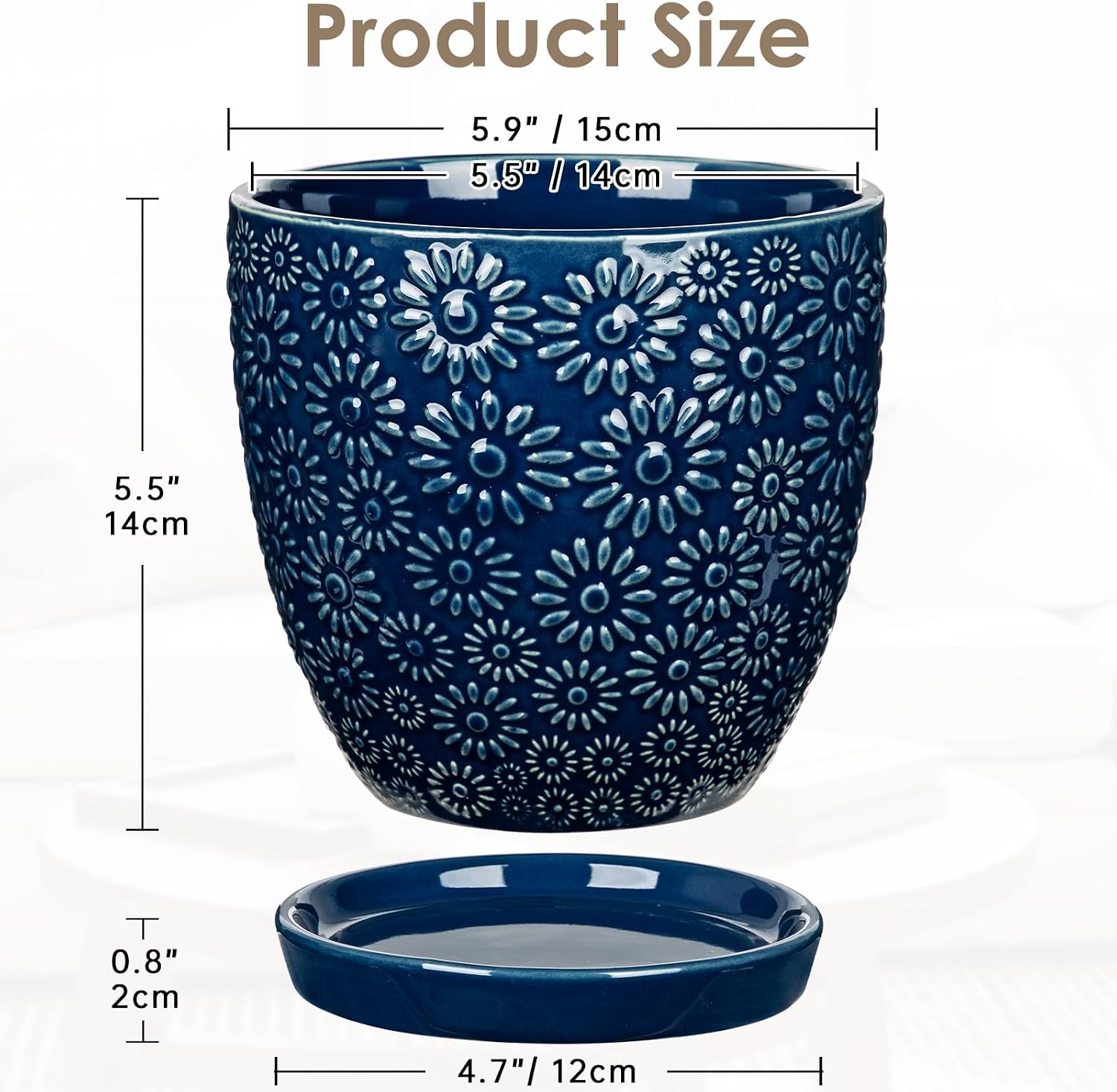 Hollyone 6 Inch Blue Ceramic Planter Flower Plant Pot with Drainage Hole and Saucer for Plants Embossed Indoor Outdoor