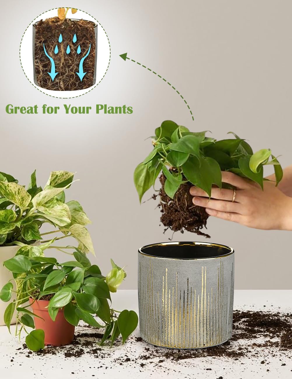 Oairse Small Ceramic Pot for Indoor Plants, 5.3 inch Plant Pot with Drainage Hole Decorative Texture Gold Planter