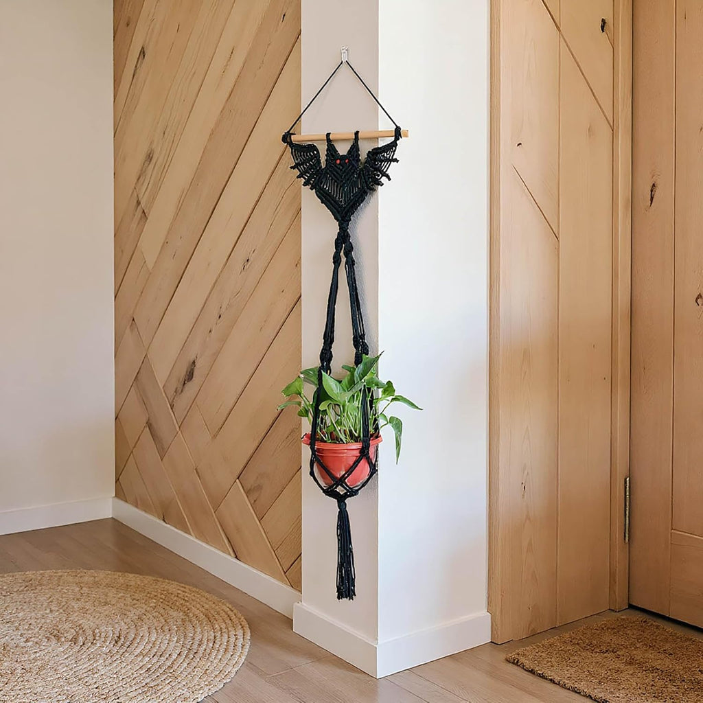 2-Pack Boho Bat Shape Gothic Plant Hanger, Macrame Handmade Pot Holder with Wooden Stick, Black Color Pot Holder for