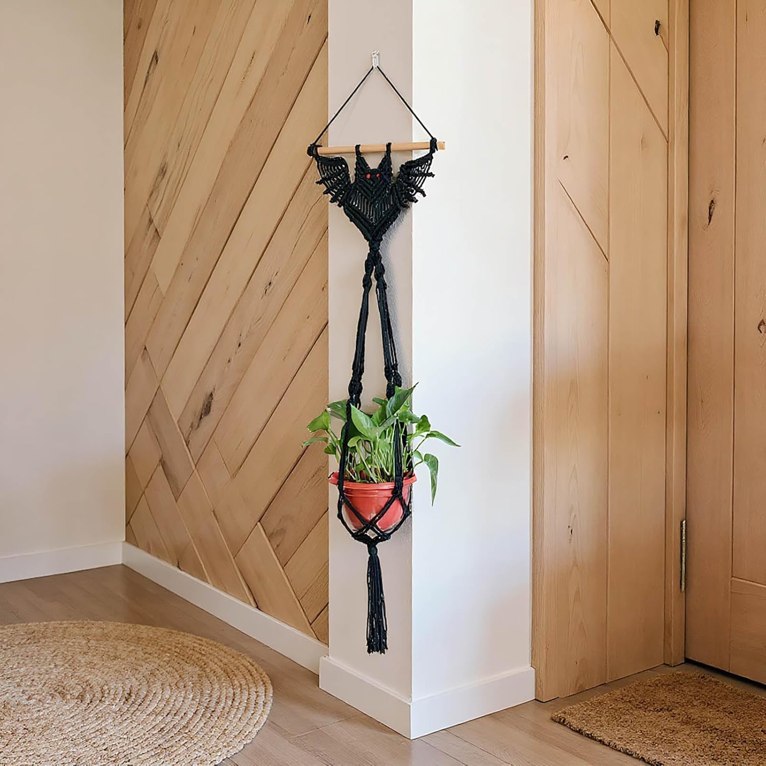 2-Pack Boho Bat Shape Gothic Plant Hanger, Macrame Handmade Pot Holder with Wooden Stick, Black Color Pot Holder for