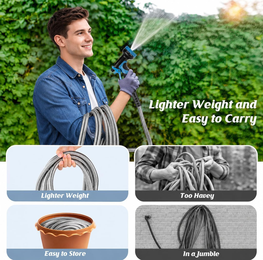 Garden Hose 100ft, Metal Water Hose Kink-Free Flexible Stainless Steel Hose | Heavy Duty Abrasion Resistant Leakproof