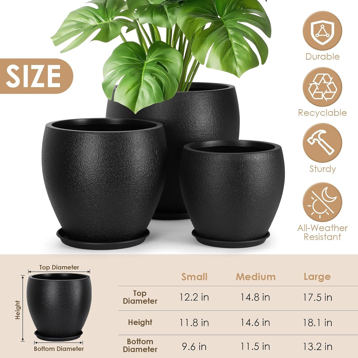 YNNICO Plant Pots 17.5/14.8/12.2 inch Set of 3, Flower Pots with Drainage Holes, Large Planters for Indoor Outdoor