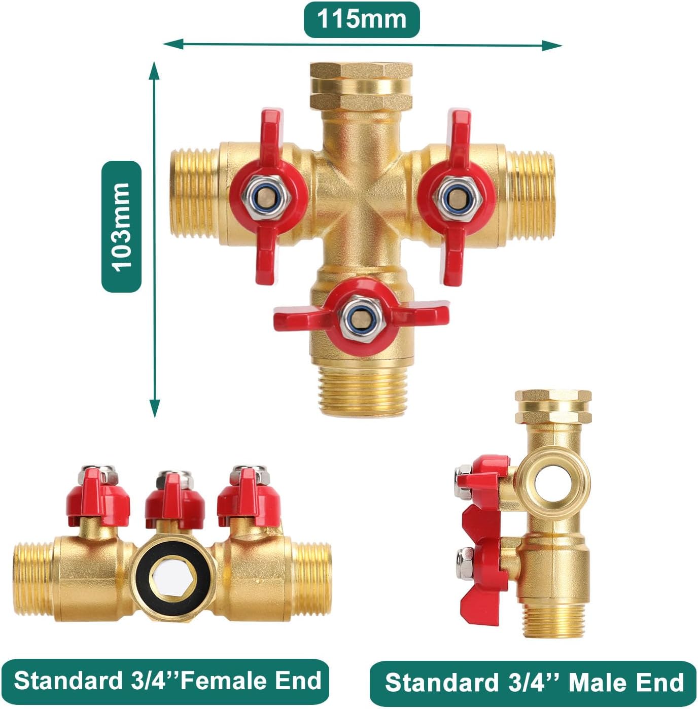 BoArt Brass Garden Hose Splitter 3 Way Heavy Duty, 3-Way Valve Hose Splitter With Large Grip Handle, 3/4" GHT Thread