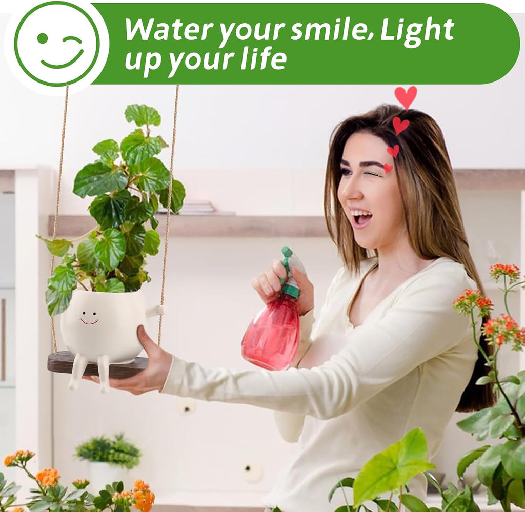 Large Glossy Swing Smiley Face Planter Pot Head, Hanging Planter for Indoor Outdoor Plants, Cute Hanging Flower Pot for