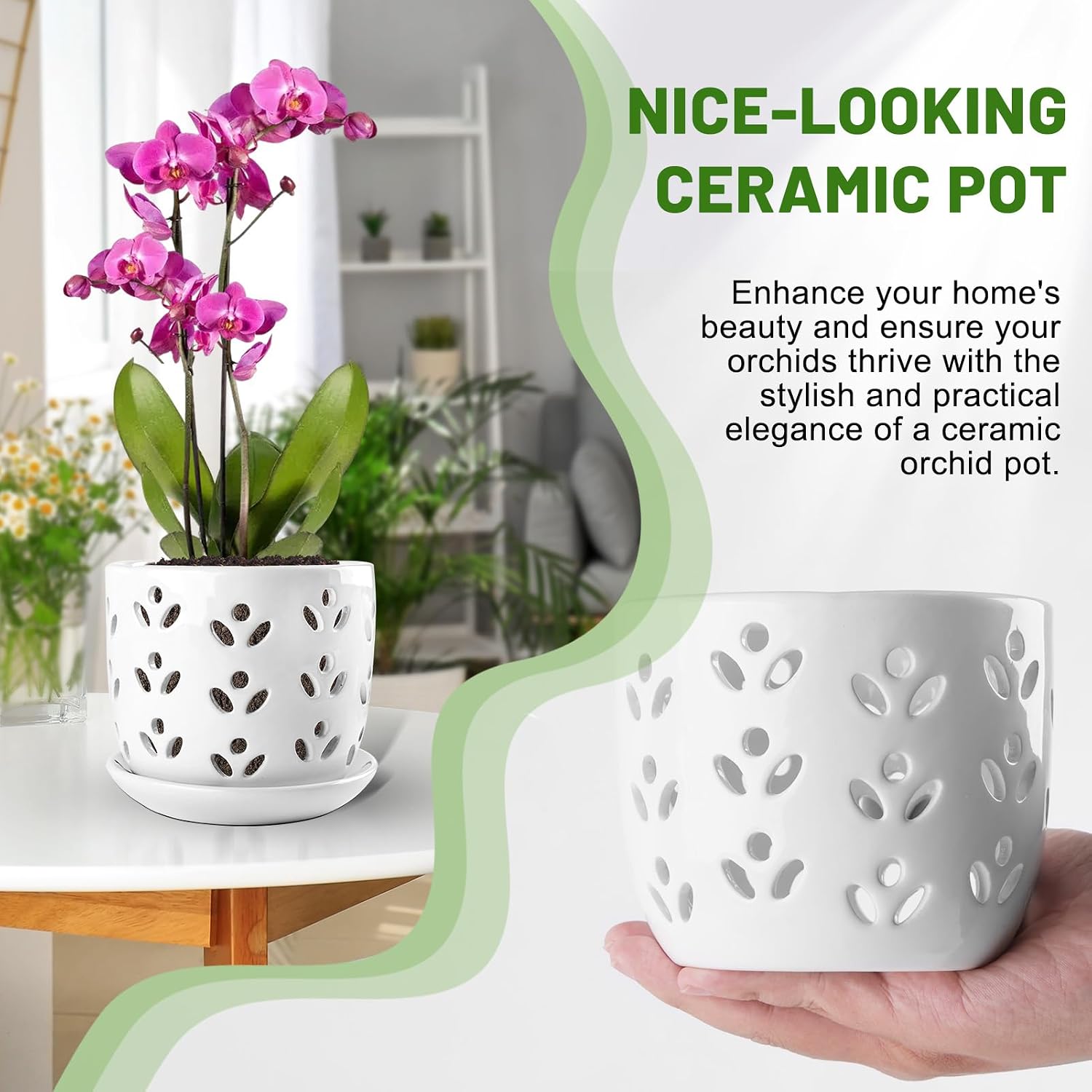 REMIAWY Orchid Pot, 2 Pack Orchid Pots with Drainage Holes and Saucer, 6 Inch and 5 Inch Large Ceramic Planter for