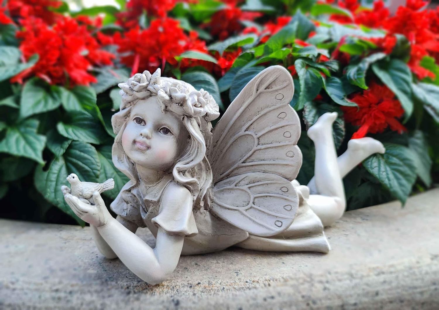 MeritMode Fairy Flower Garden Outdoor Statue - Angel Holding Bird | Hand-Painted Resin, Outdoor Angel Figurine , Flower