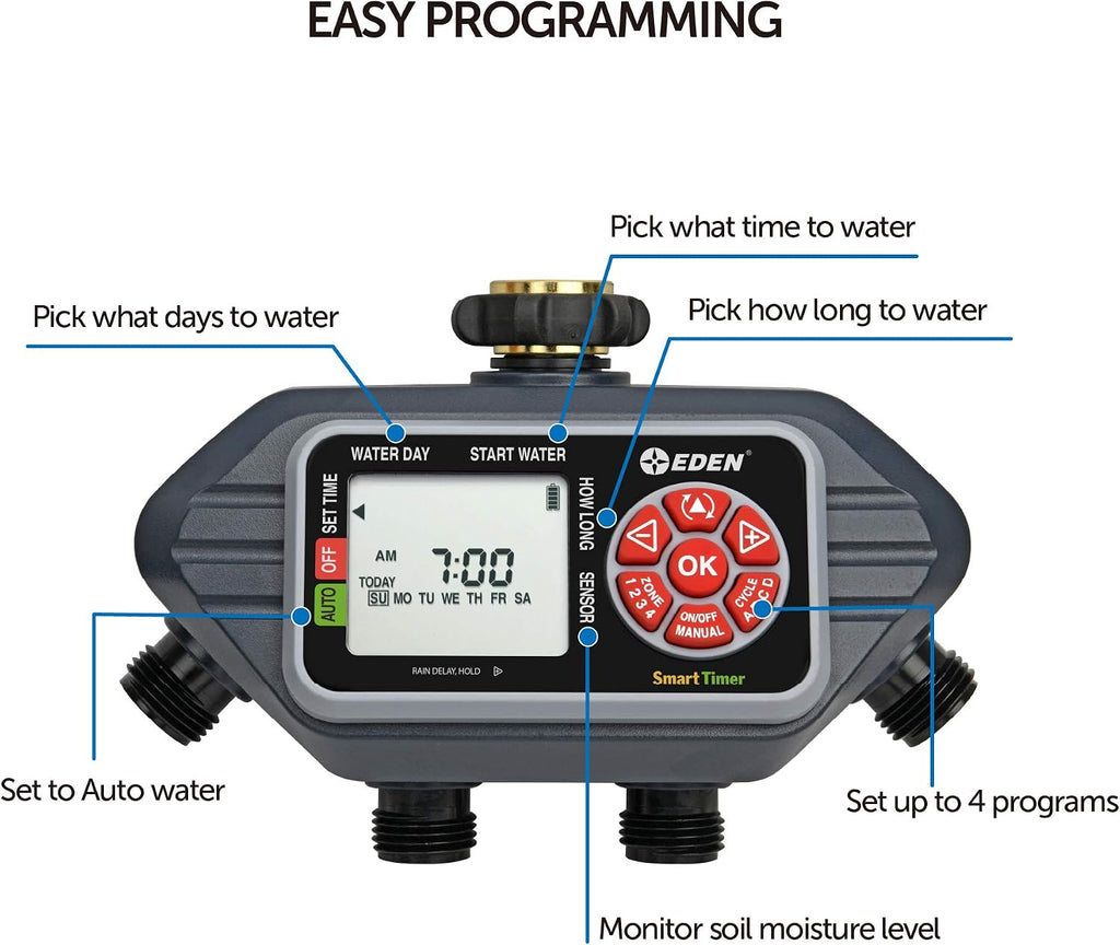 Eden 93413 Programmable Digital Water Timer 4-Zone, Compatible with Wireless Soil Moisture Sensor
