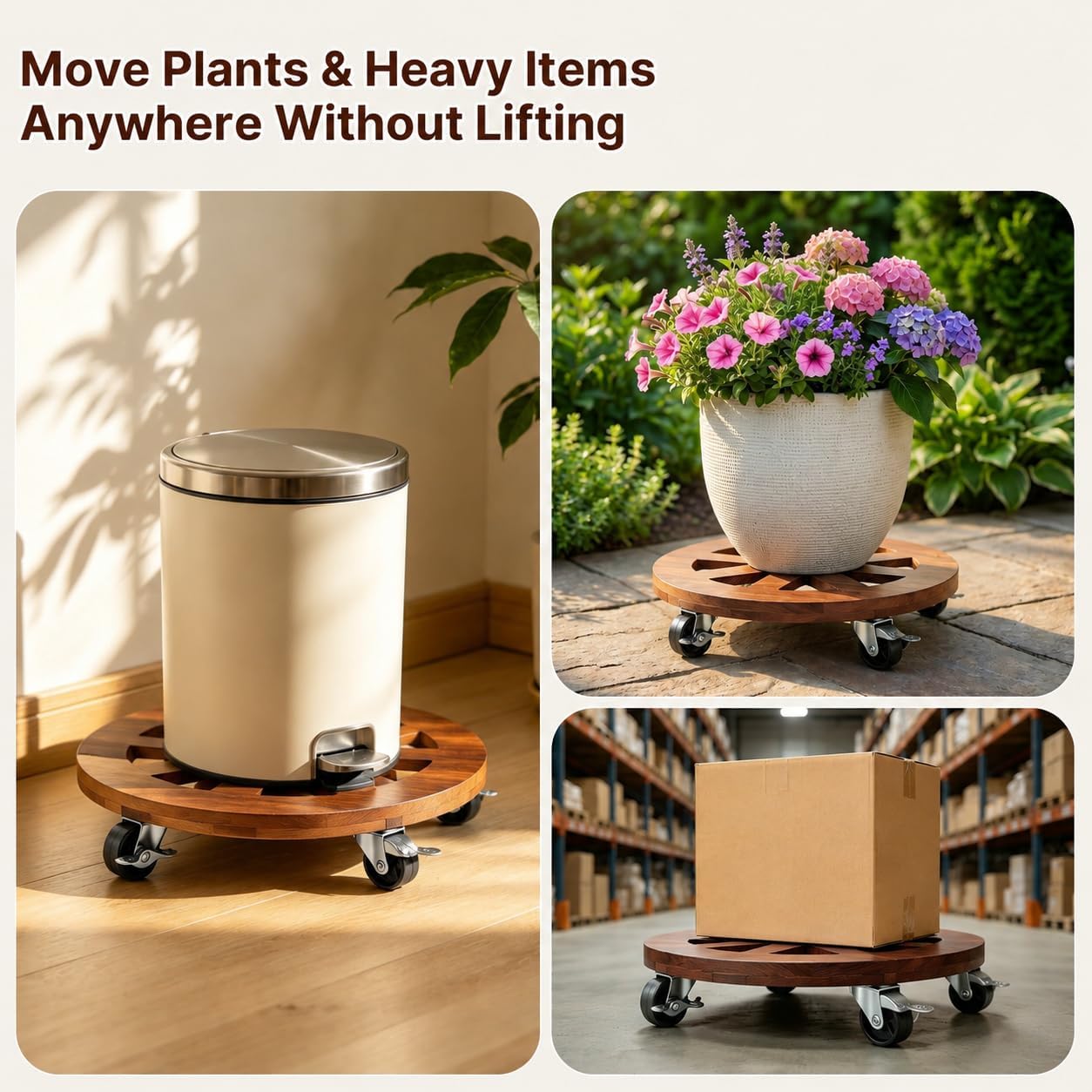 JVD 2 Pack Plant Caddy with Wheels 12'' Wood Rolling Plant Stand Outdoor Brown | Plant Stand 360° Lockable Wheels Heavy