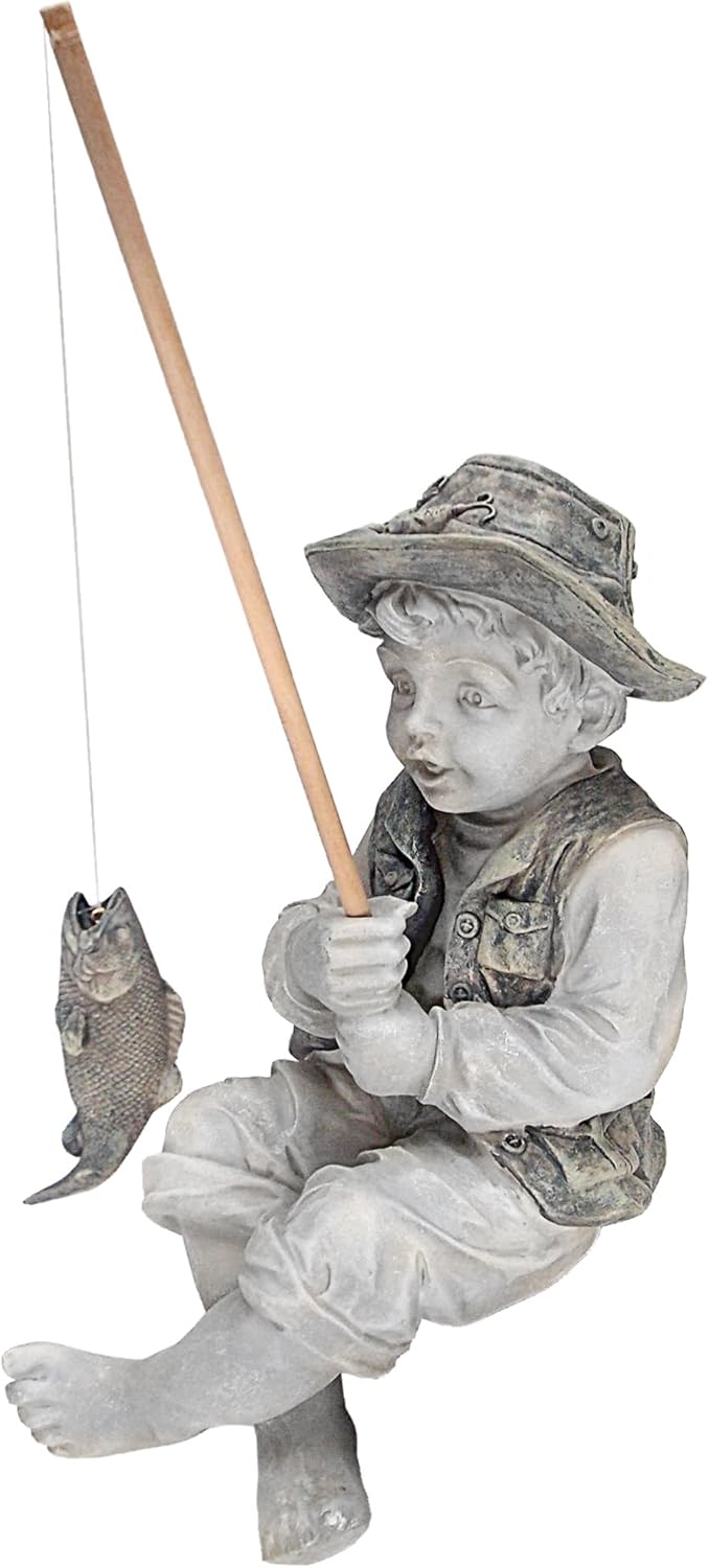 Design Toscano Frederic the Little Fisherman of Avignon Boy Fishing Garden Statue, 15 Inch Tall, Cast Stone Resin, Two