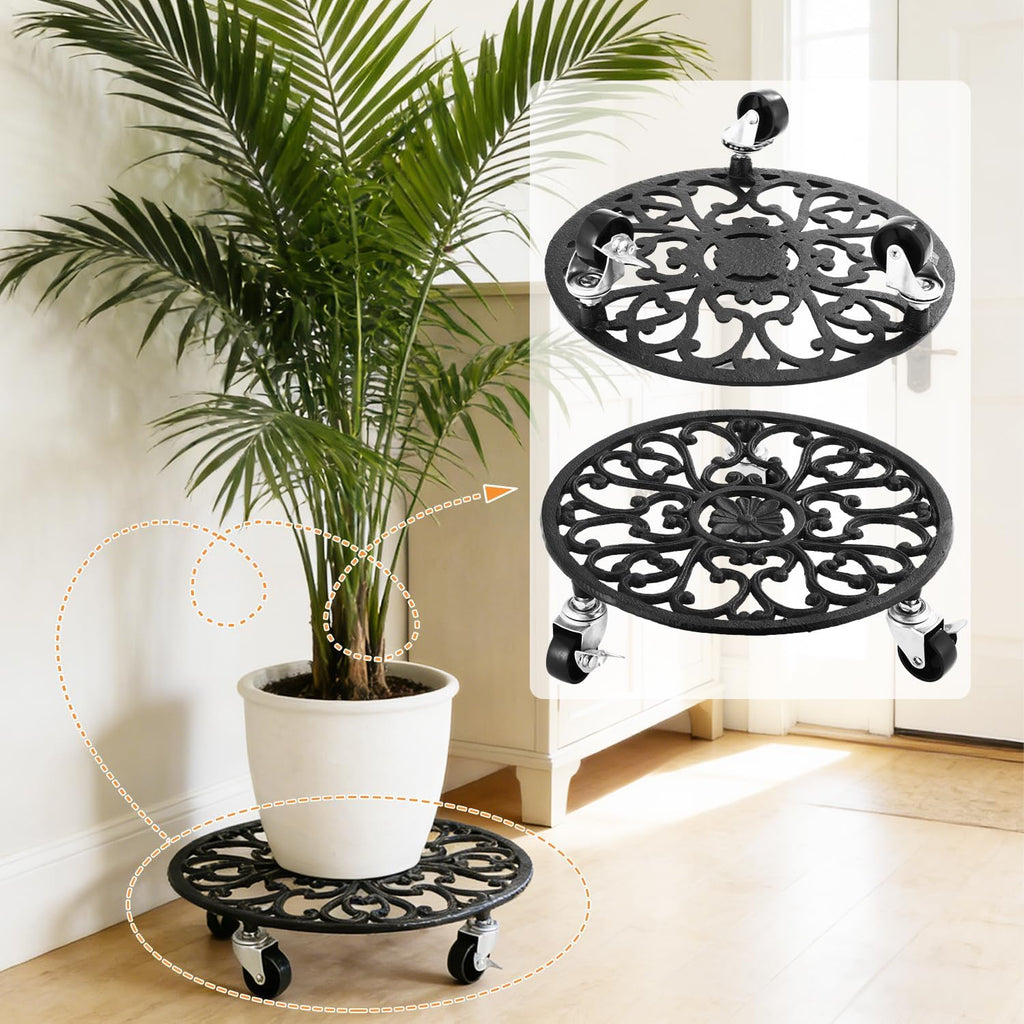 3 Pack Cast Iron Plant Caddy with Wheels Heavy Duty 11 Inch Plant Rollers | Planter Stand on Metal Wheel Round Roller