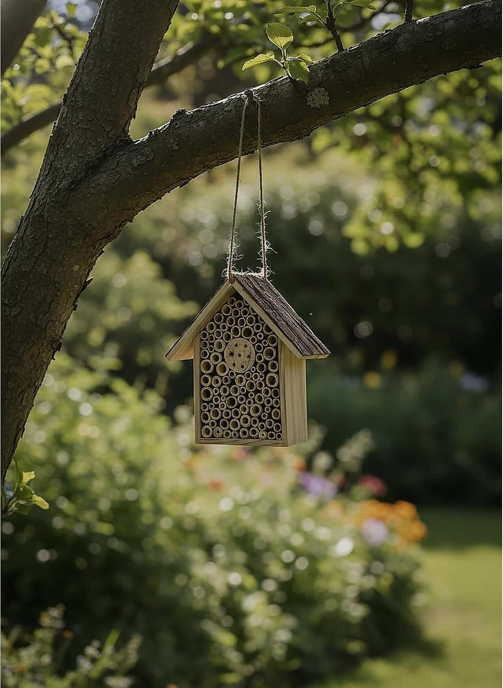 Redwood Mason Bee House - Solitary Bee Hotel & Wooden Pollinator House | Leafcutter Bee Hive with Easy-Hang Jute Rope