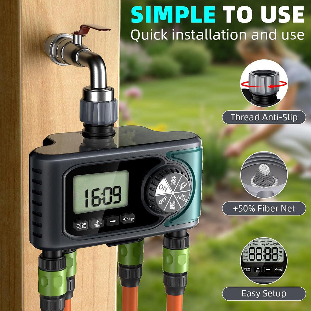 Sprinkler Timer for Outdoor Hose Faucet 4 Zone, Programmable Hose Timer with Rain Delay/Manual/Automatic Watering