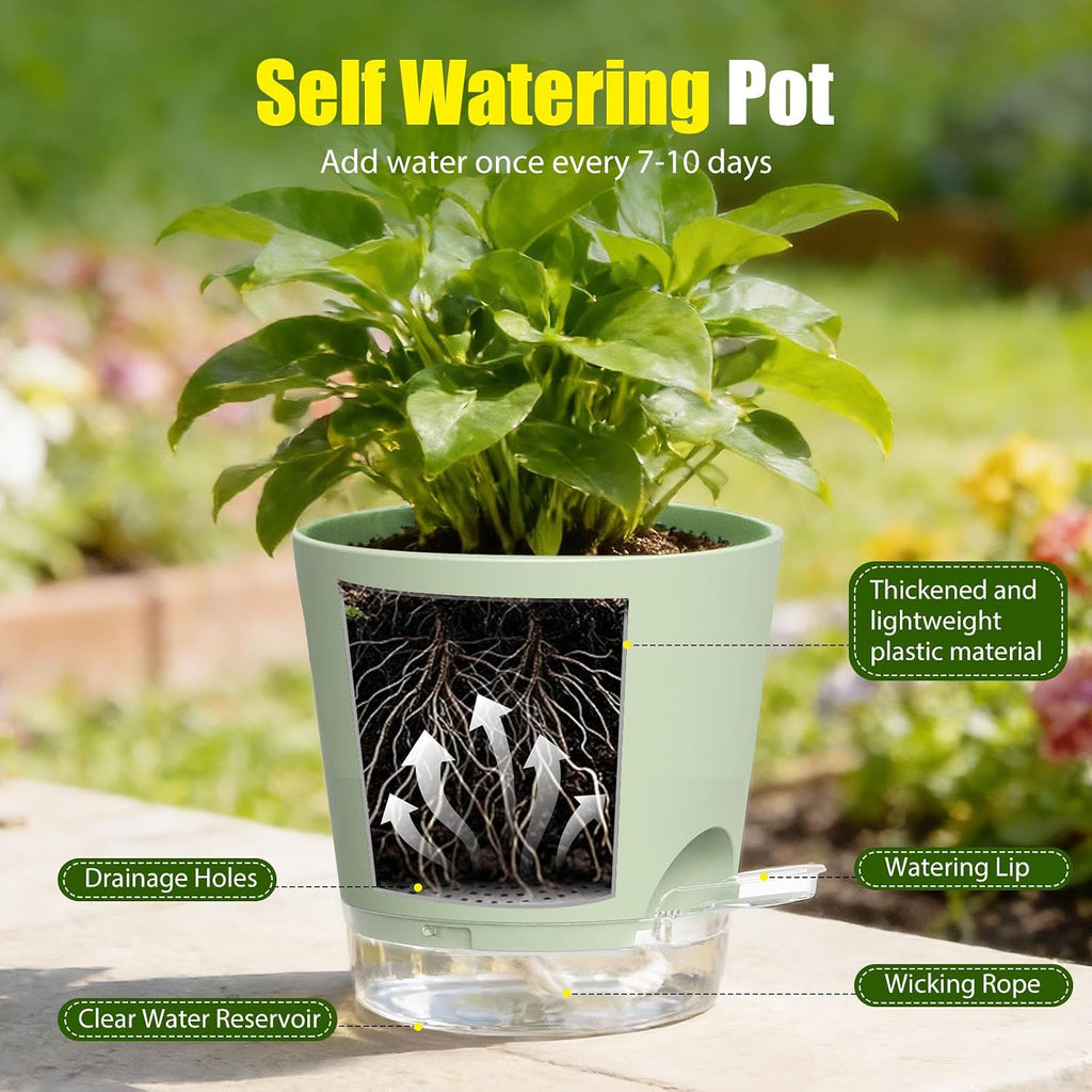 Plant Pots 4/5/5.5/6/6.5/7/8 Inch Self Watering Pots, 7 Pack Plastic Planters with Drainage Holes and Clear
