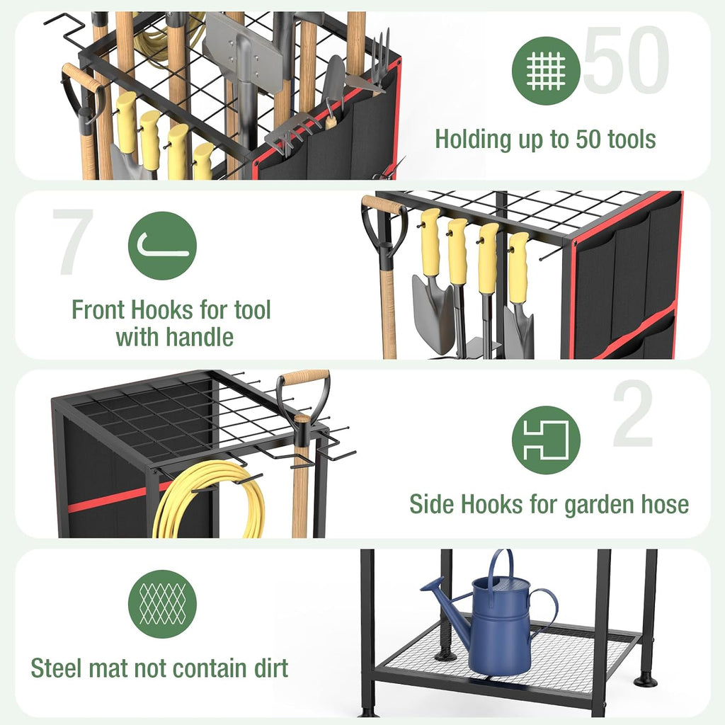 Garden Tool Organizer,Metal Yard Tool Organizer ,Holds 50 Long-Handled Tools/Rakes/Brooms,Side Garden Pocket ,Heavy