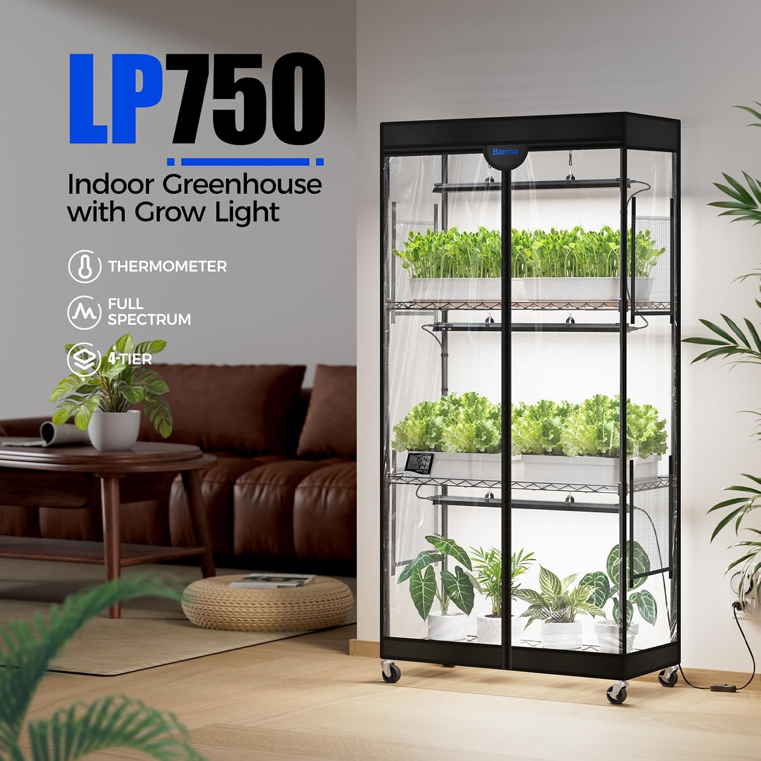 Barrina LP750 Indoor Greenhouse with Grow Light, 4 Tier Stand with Tent | Adjustable Shelf, 105W TX-S35 2FT, 5000K Full