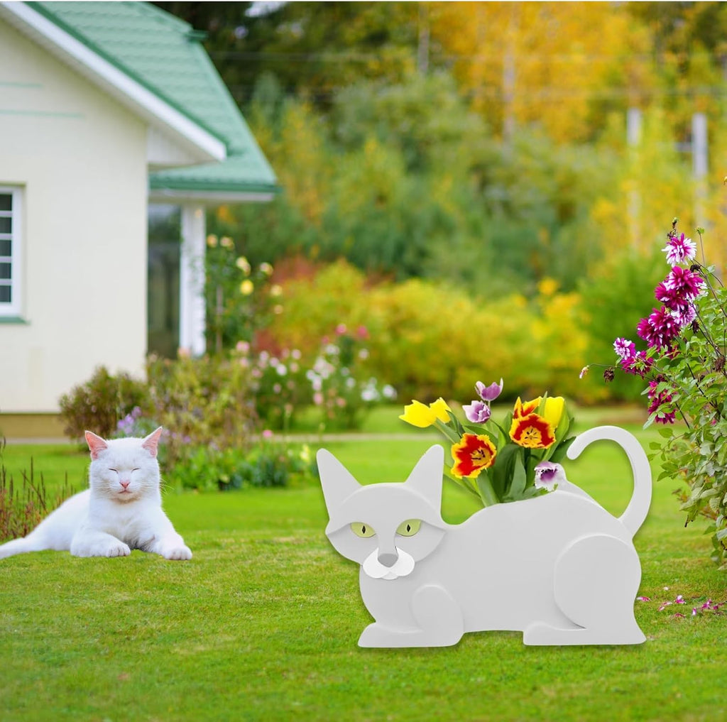 White Cat Planter Pots, Animal Shaped Flower Pot | Cute Plant Gift for Women and Pet Lovers, Indoor Outdoor Garden Home