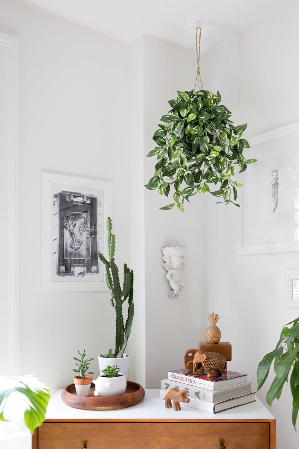 Briful Artificial Hanging Plants in Black Pot 17.7" Lifelike Trailing Faux Watermelon Peperomia Silk Plant with