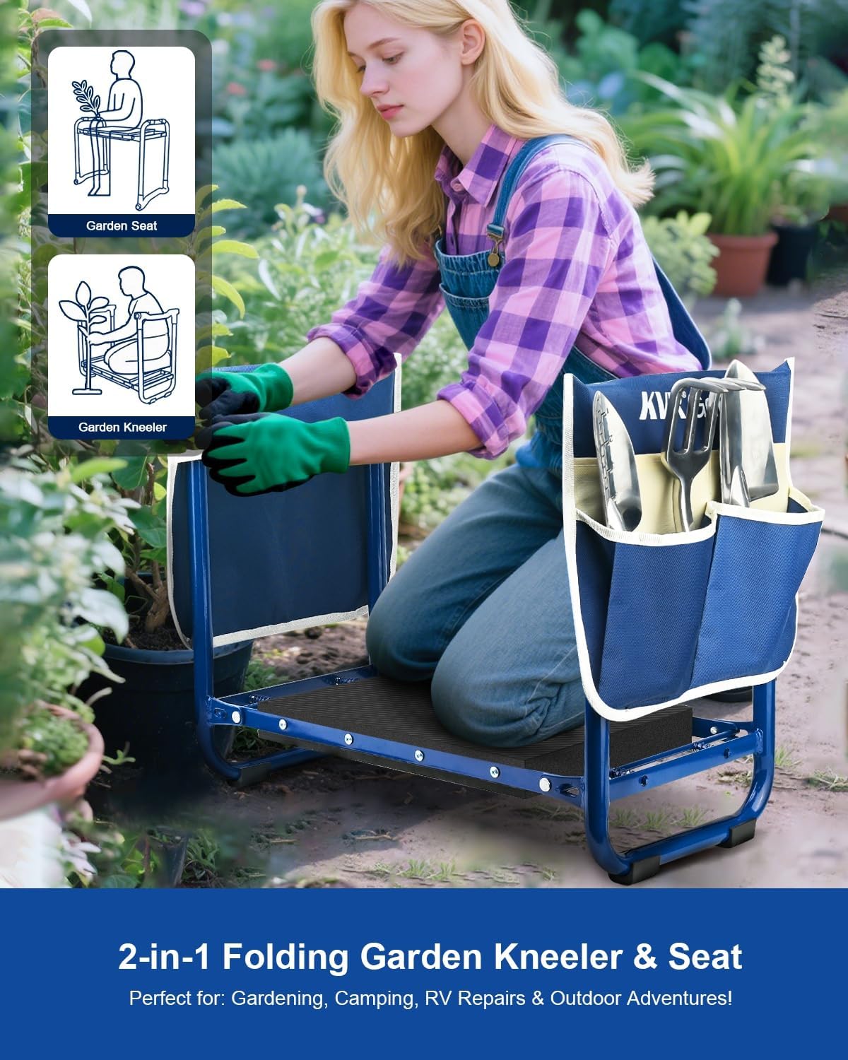 KVR Garden Kneeler and Seat Heavy Duty, 7-Piece Foldable Gardening Bench & Stool Set with 3 Aluminum Tools, 2 Secure