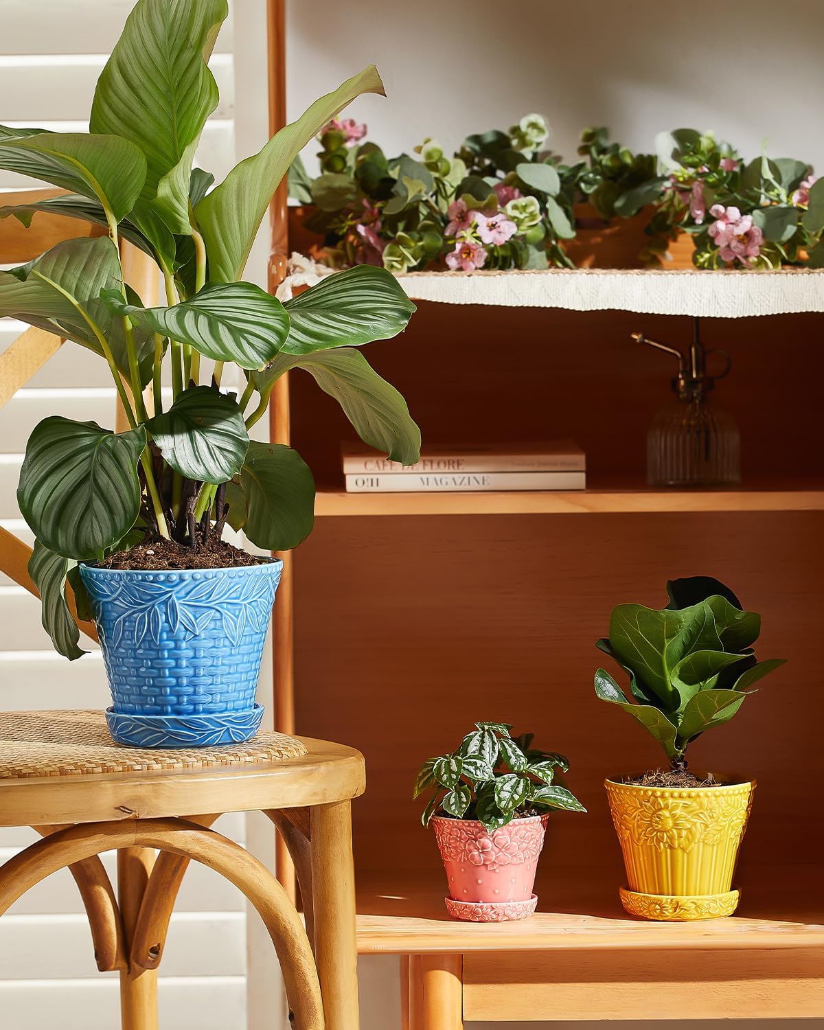 Metahom Ceramic Plant Pots, 4.9 Inch Flower Pots with Drainage Hole & Saucer, Colorful Planter Pots for Indoor Plants
