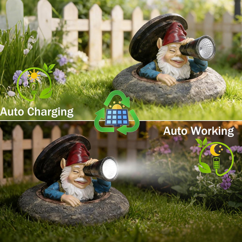 Solar Garden Gnome Outdoor Decor, Funny Gnome Statue Peeking from Manhole Cover, Waterproof Resin Figurine Lights for