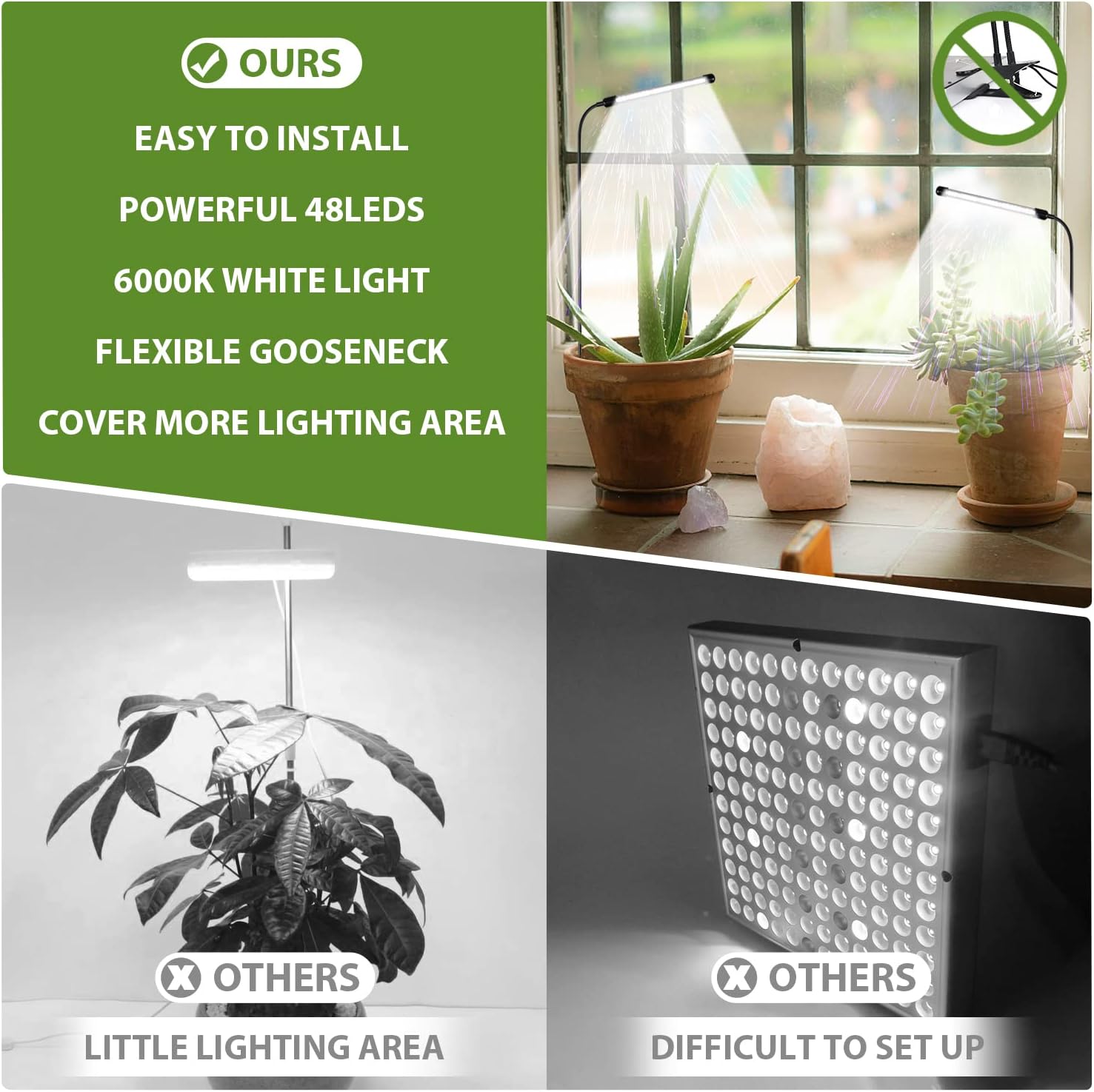 Grow Light for Indoor Plants Growing, 6000K Full Spectrum Gooseneck Plant Lamp for Seedings Succulents Small Plants