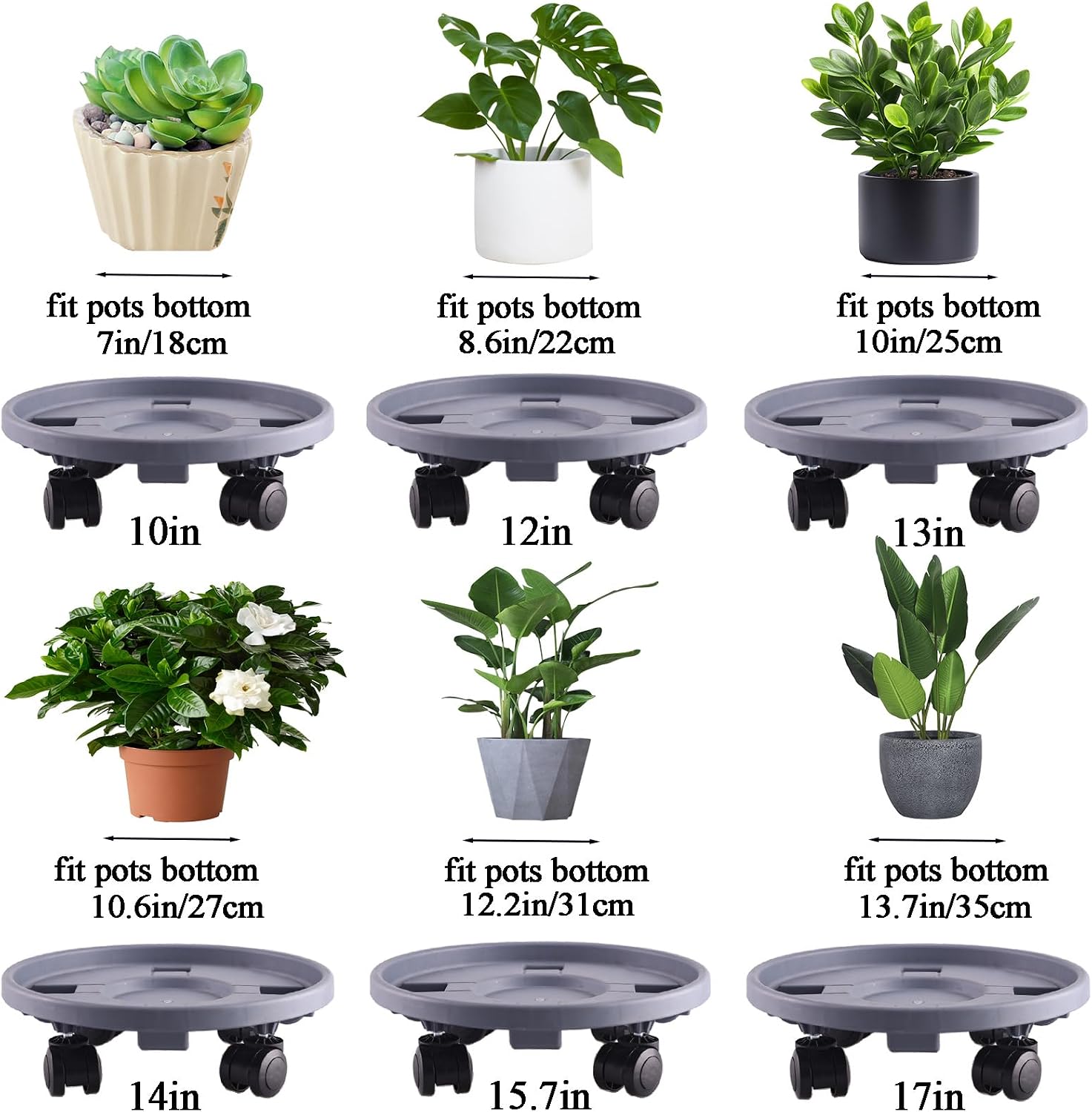 Rolling Plant Stand Outdoor 5 Pack 12 Inch Plant Caddy with Wheels, Grey | Durable plant platform, smooth mobility for