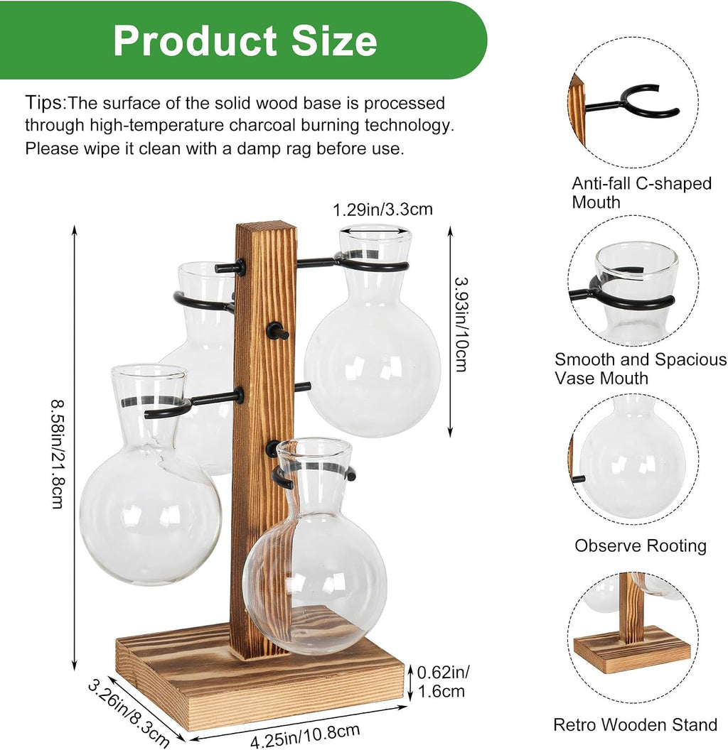 Plant Propagation Station with 4 Glass Vases & Wood Stand, Hydroponic Air Planter for Indoor Plants, Unique Gardening