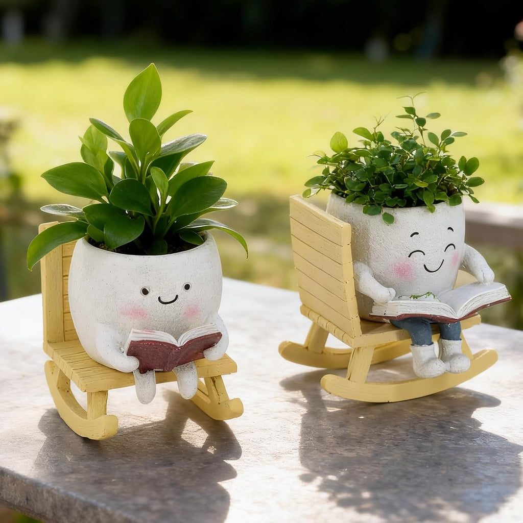 Smiley Face Planter Pot, Cute Resin Head Planter with Drainage Hole, Unique Rocking Chair Succulent Pot for Indoor