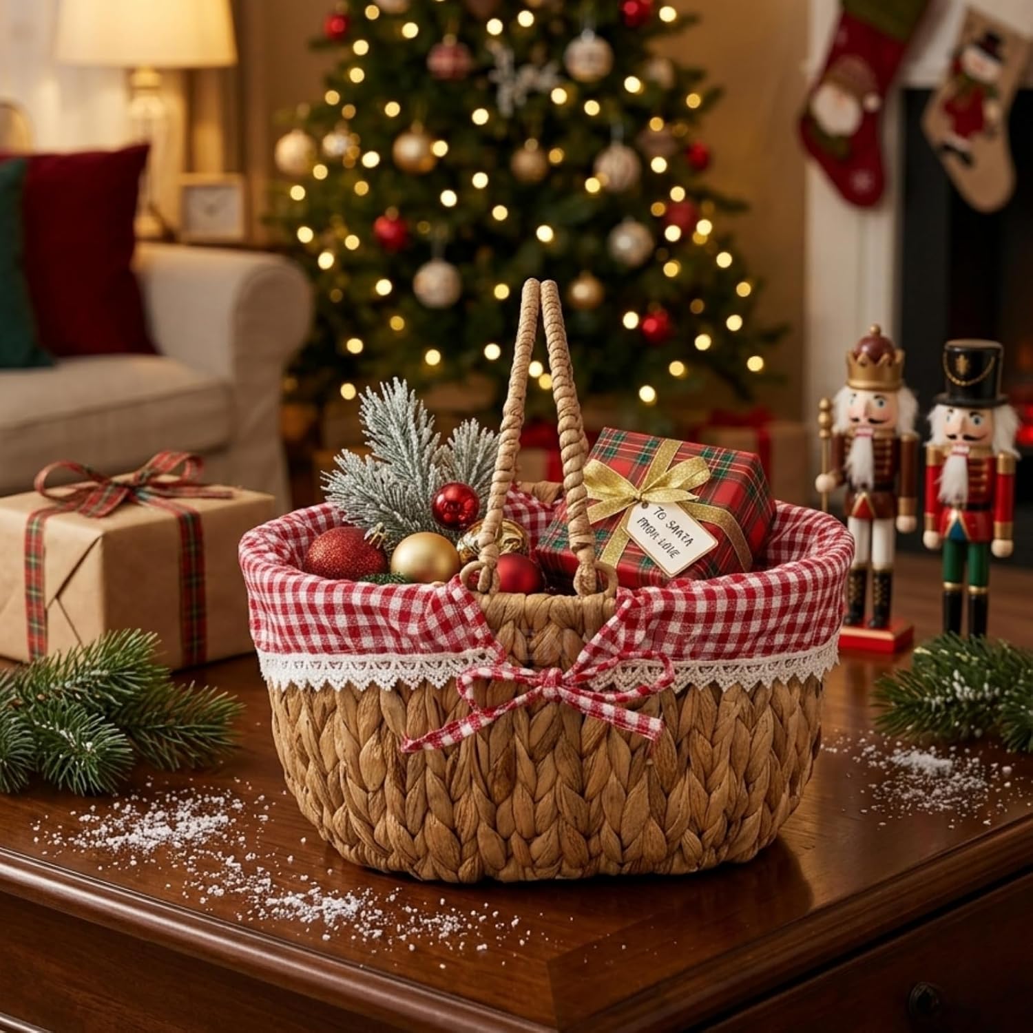 Wicker Basket with Handles and Lining, Handwoven Water Hyacinth Picnic Hamper, Oval Basket for Camping, Outdoor, Fruit