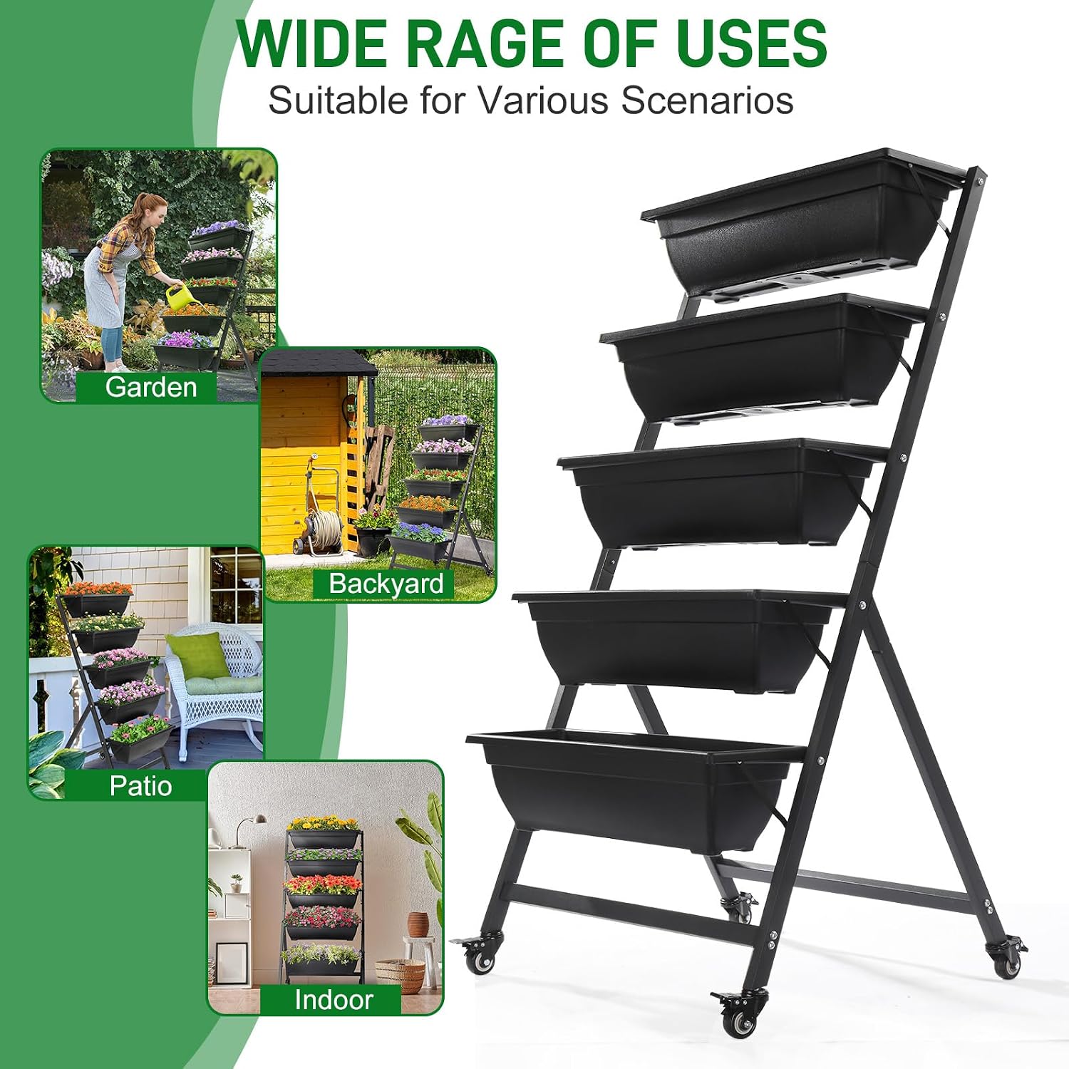 4.4 FT Vertical Garden Bed Removable 5 Tier Elevated with 4 Wheels | Vertical Raised Planter, Black Raised Bed Box
