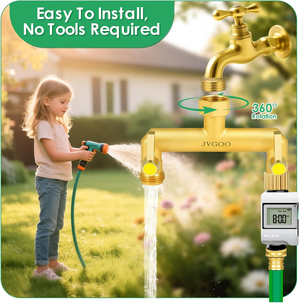 Garden Hose Splitter, Brass 2 Way Hose Splitter, 3/4" Water Hose Splitter 2 Way Heavy Duty with Metal Shutoff Valve and
