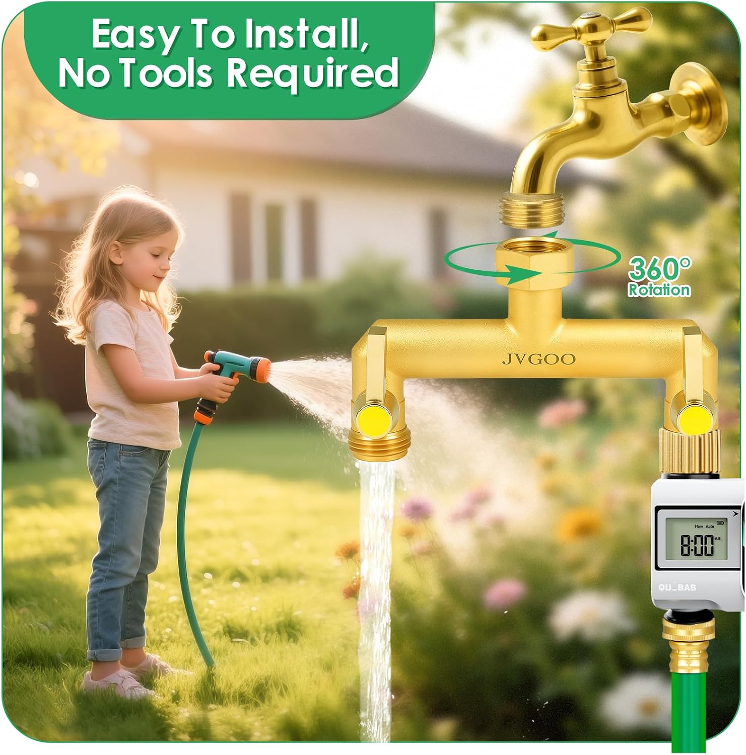 Garden Hose Splitter, Brass 2 Way Hose Splitter, 3/4" Water Hose Splitter 2 Way Heavy Duty with Metal Shutoff Valve and