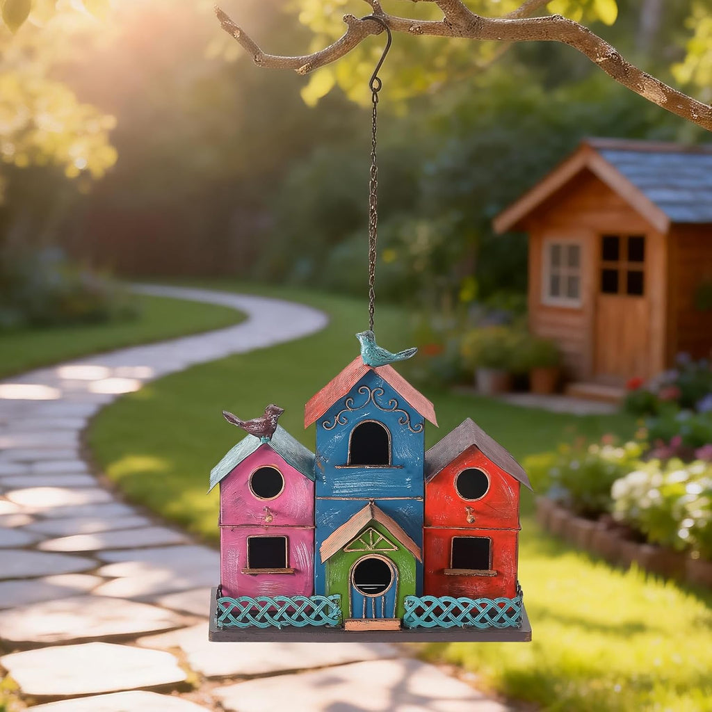 Metal Bird Houses for Outside Hanging, Large Bird Houses for Outdoors with 4 Compartments for Birds to Nest in
