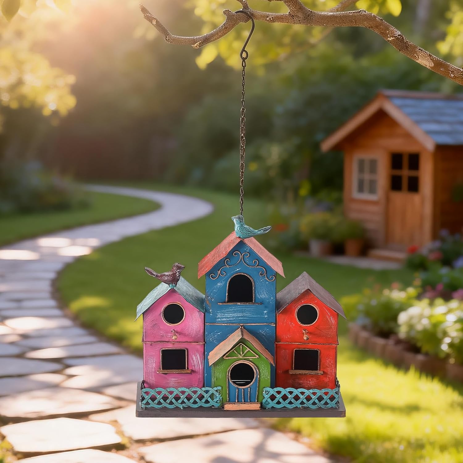 Metal Bird Houses for Outside Hanging, Large Bird Houses for Outdoors with 4 Compartments for Birds to Nest in