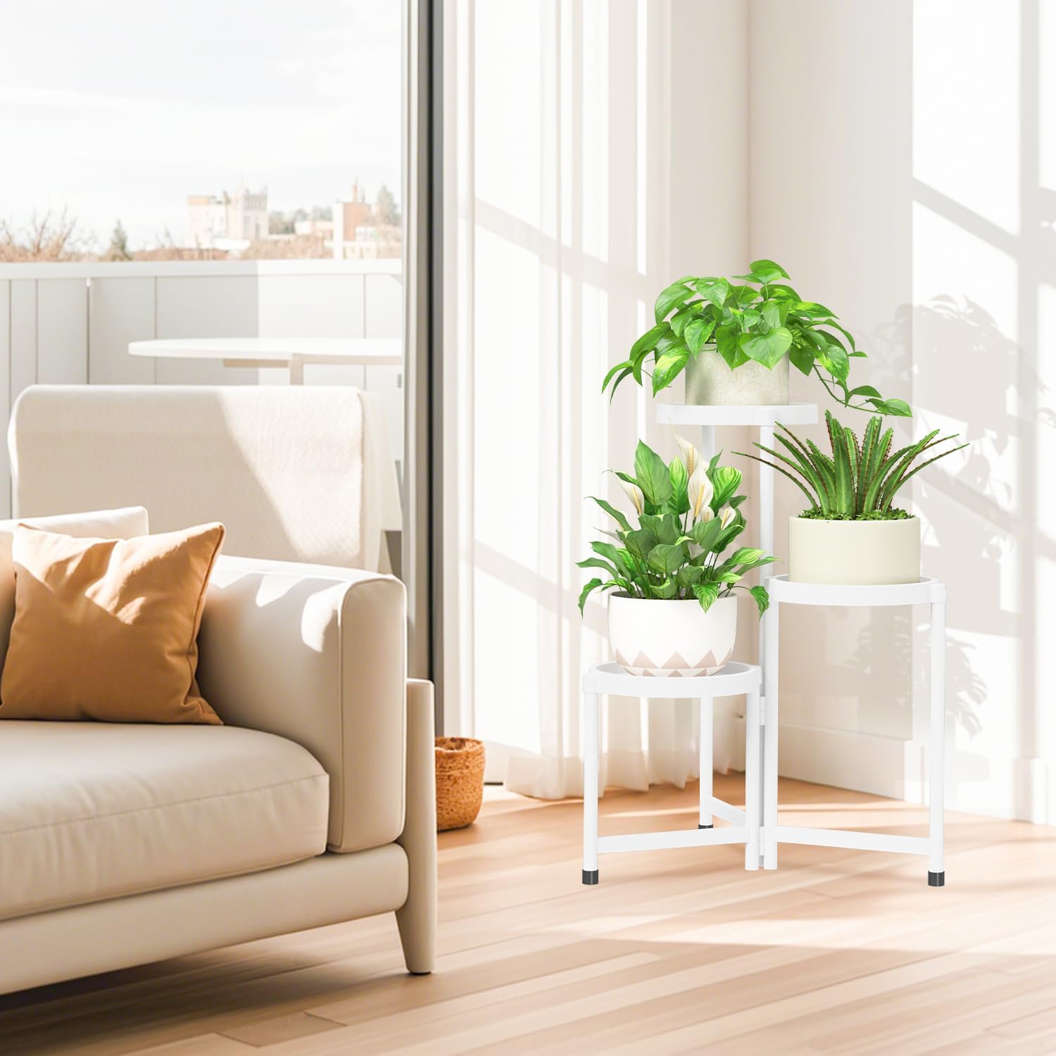 iDavosic.ly 3 Tier Folding Plant Stand Indoor Outdoor, Plastic Tray, White | Space Saving Tiered Corner Storage Display