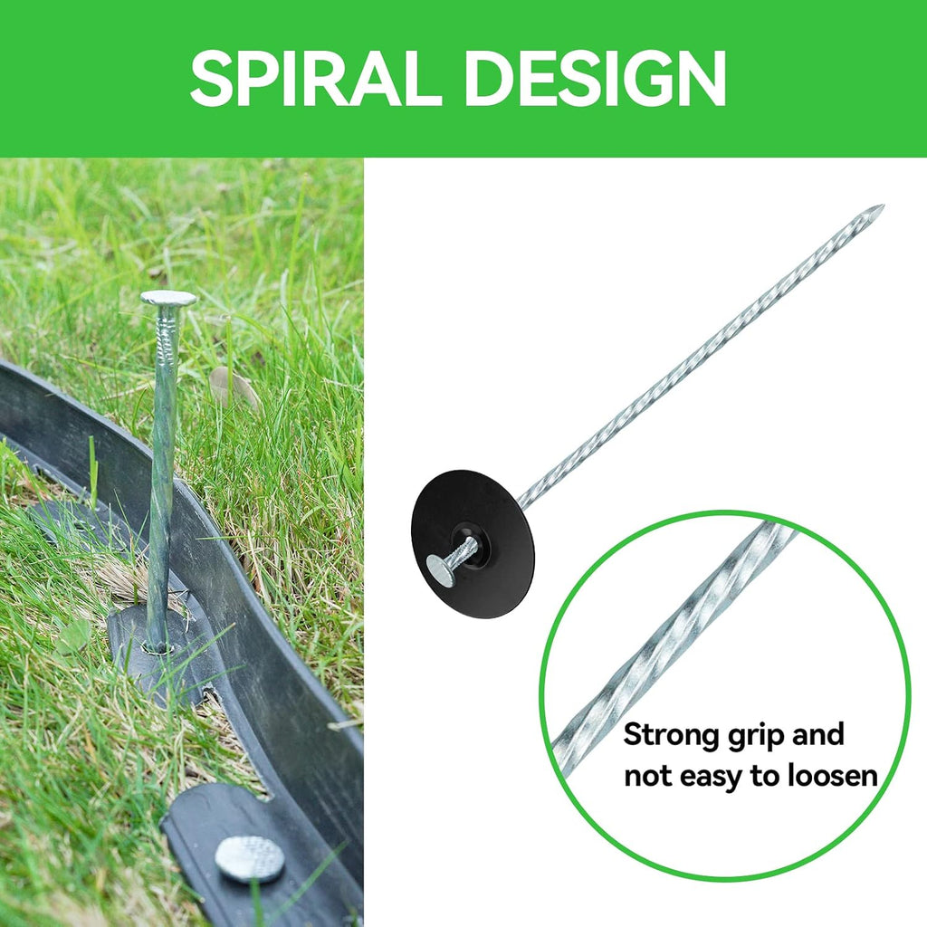 8 Inch Heavy Duty Landscape Stakes with Gasket Caps - 50 Sets Galvanized Spiral Garden Spikes Kit for Securing Weed