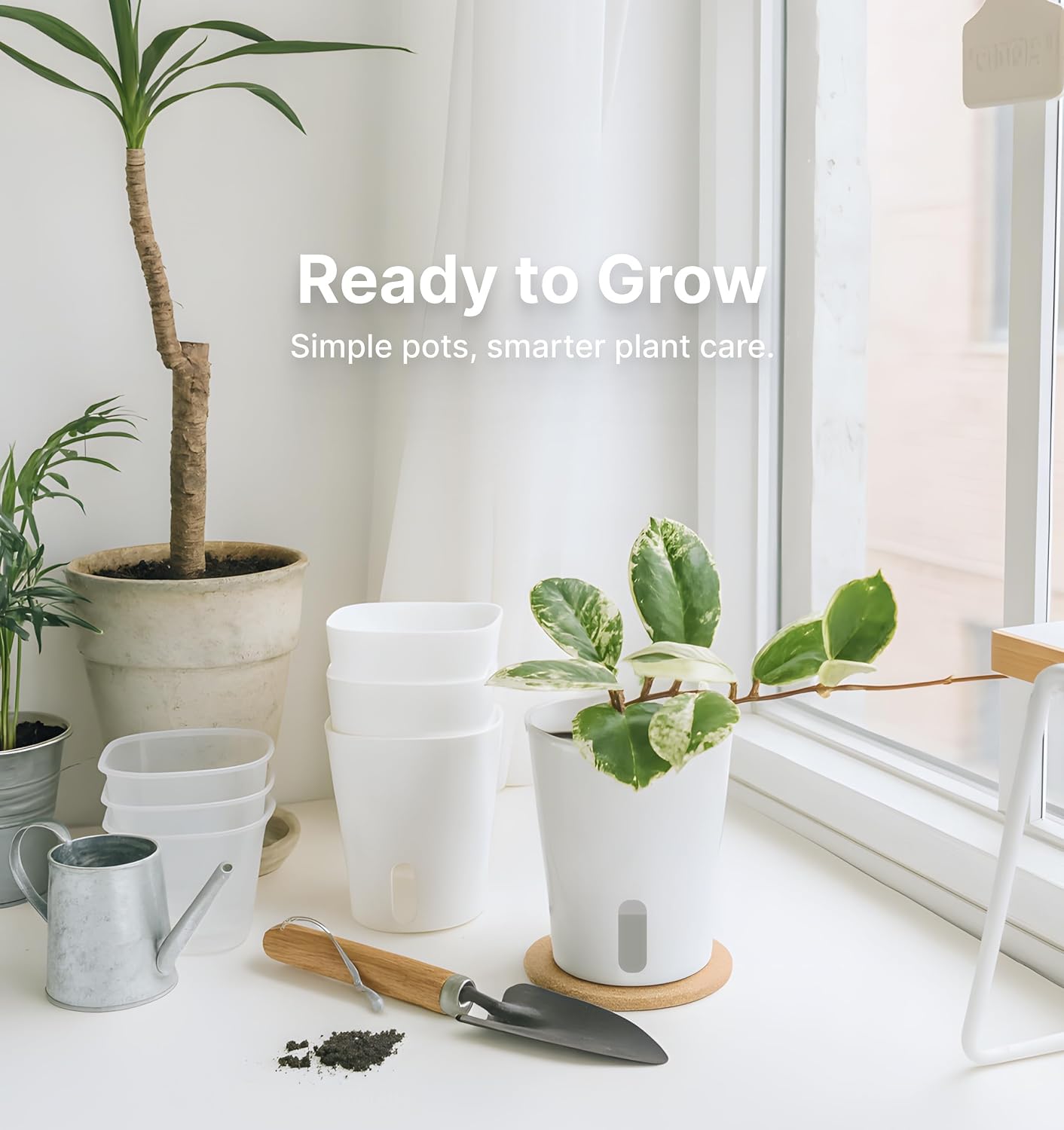 8 Pack 4" Self Watering Pots for Indoor Plants, Clear Inner Cup, Small White Plastic Planters, Water Level Indicator