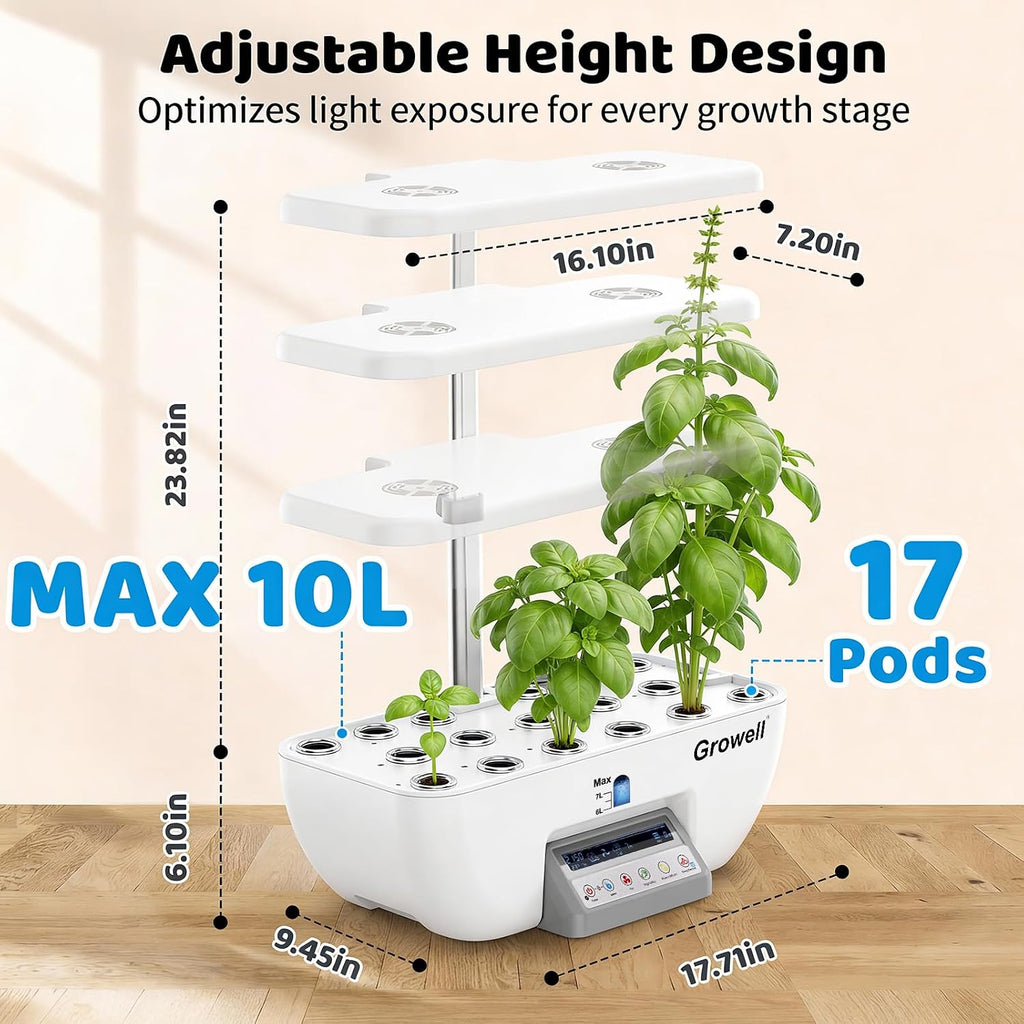 Growell 17 Pods Hydroponics Growing System Kit, Indoor Garden with 2 Fans | for Airflow & Anti-Mold, LED Grow Light