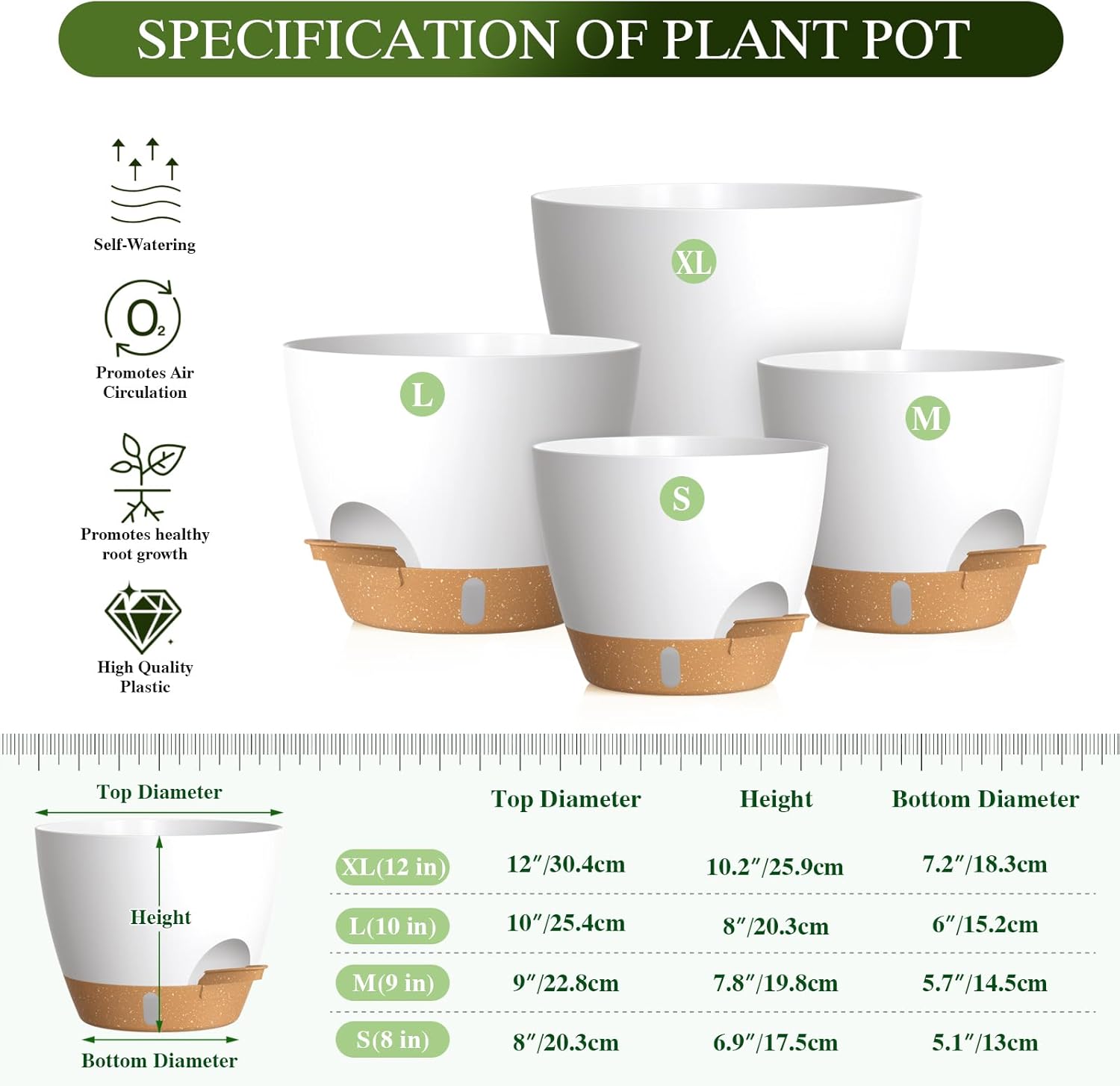 Plant Pots, 4 Pack 12/10/9/8 Inch Self Watering Pots with Drainage Holes, Water Level Indicator Deep Reservoir, Large