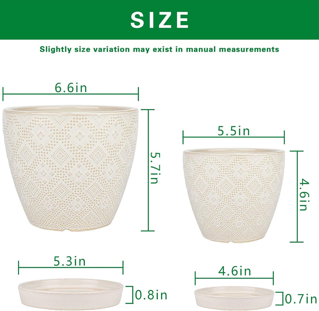 Docrin Ceramic Plant Pots Indoor, 6.6 + 5.5 Inch Planters with Drainage Holes and Saucer for Home/Office - Set of 2