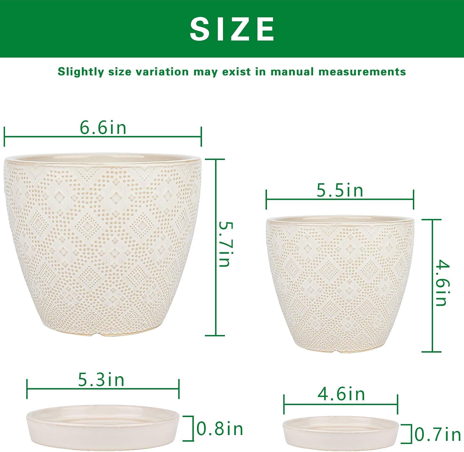 Docrin Ceramic Plant Pots Indoor, 6.6 + 5.5 Inch Planters with Drainage Holes and Saucer for Home/Office - Set of 2