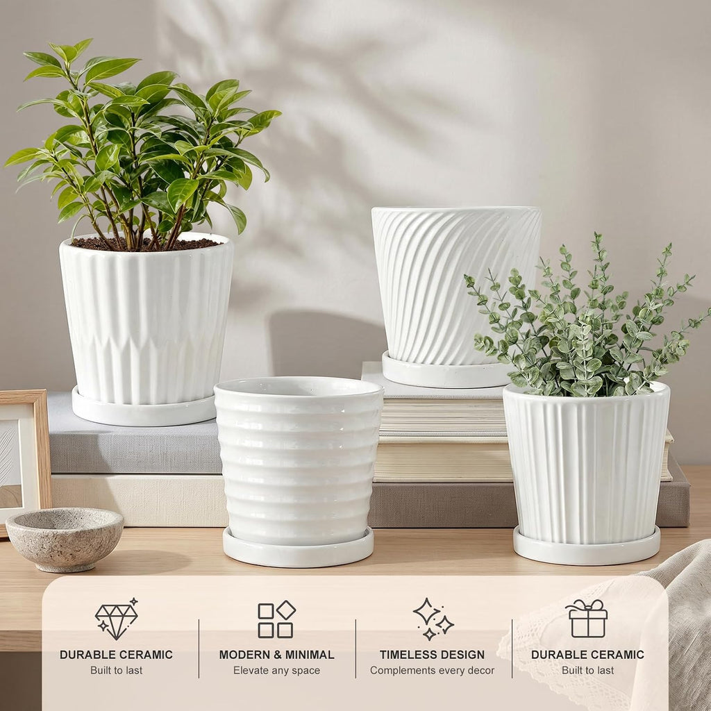 White 6 Inch Flower Pots for Plants,Ceramic Planter with Drainage Holes | 4 Pack Indoor & Outdoor Plant Pots with