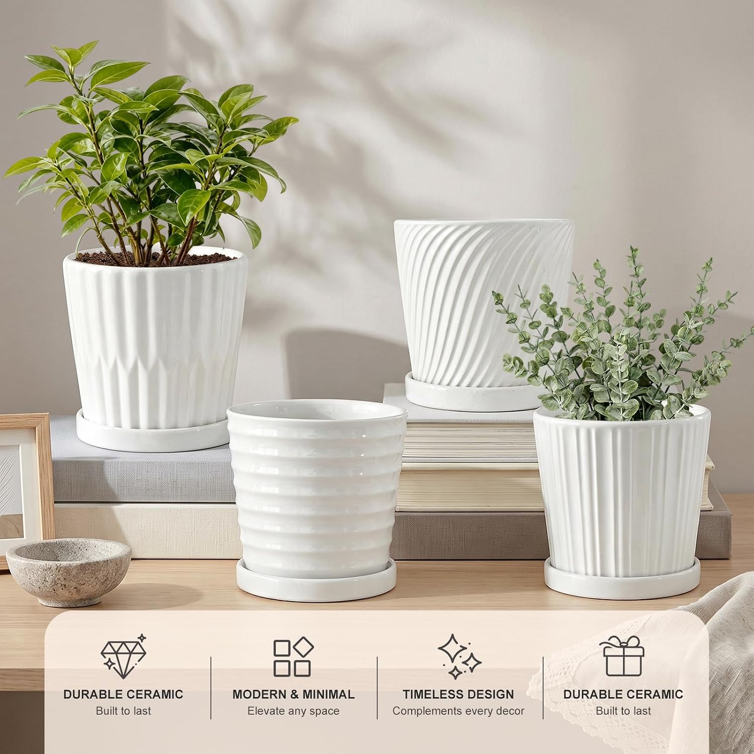 White 6 Inch Flower Pots for Plants,Ceramic Planter with Drainage Holes | 4 Pack Indoor & Outdoor Plant Pots with