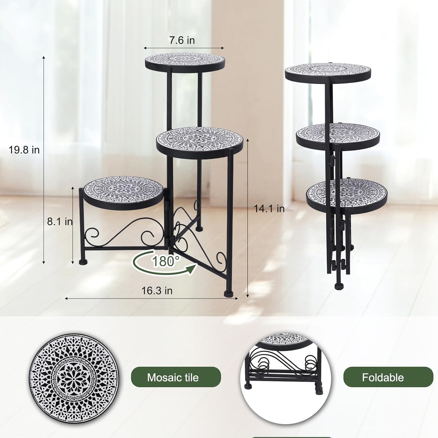 3 Tier Mosaic Corner Plant Stand Foldable Display Shelf Black | Tall Plant Holder Space-Saving Corner Design Perfect