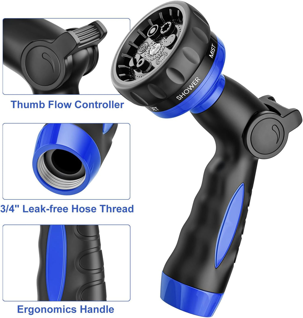 HOSUN Heavy Duty Garden Hose Nozzle, Adjustable Metal Water Sprayer, Blue | 7 Spray Patterns, Thumb Control, Ergonomic