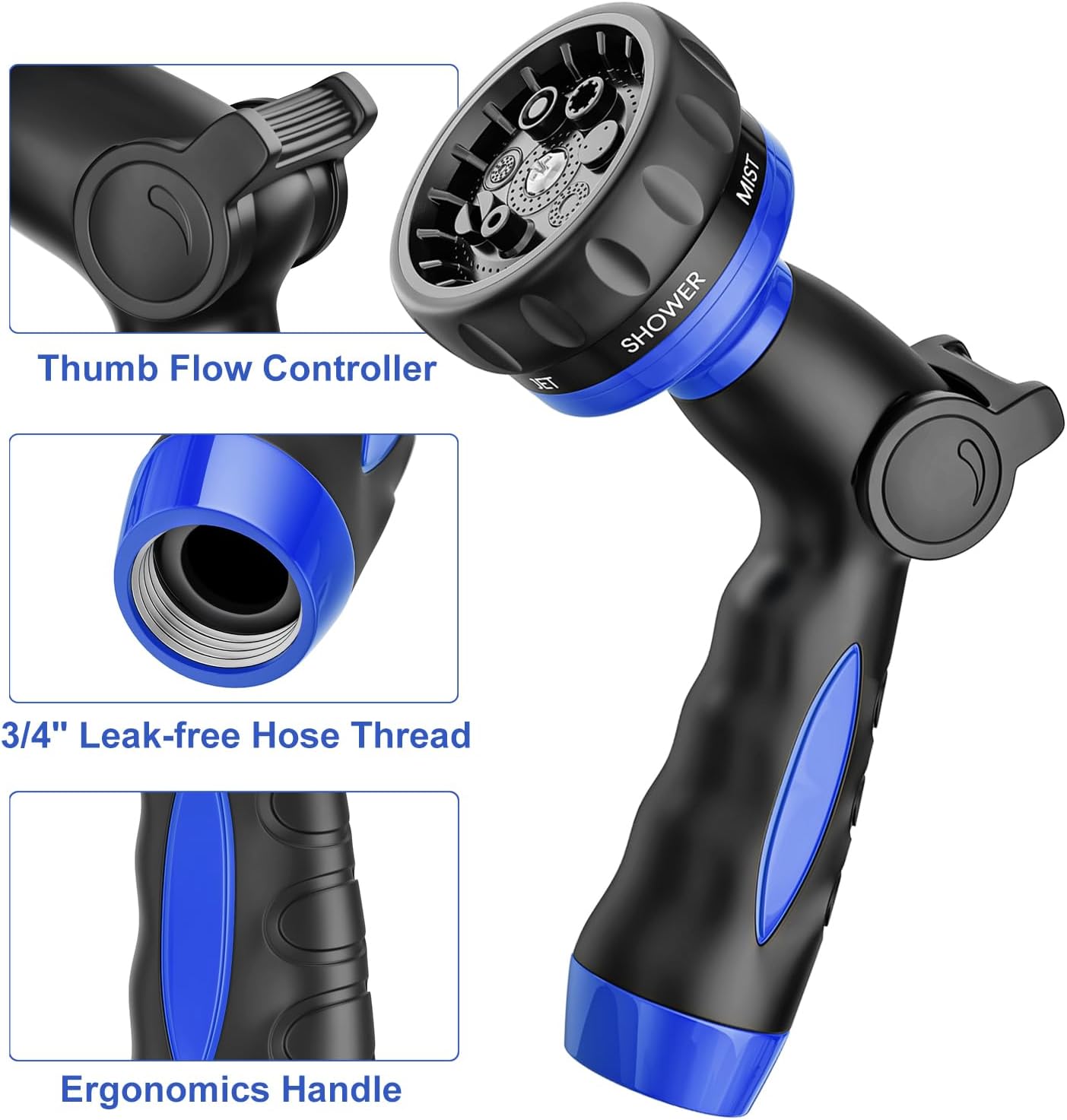 HOSUN Heavy Duty Garden Hose Nozzle, Adjustable Metal Water Sprayer, Blue | 7 Spray Patterns, Thumb Control, Ergonomic