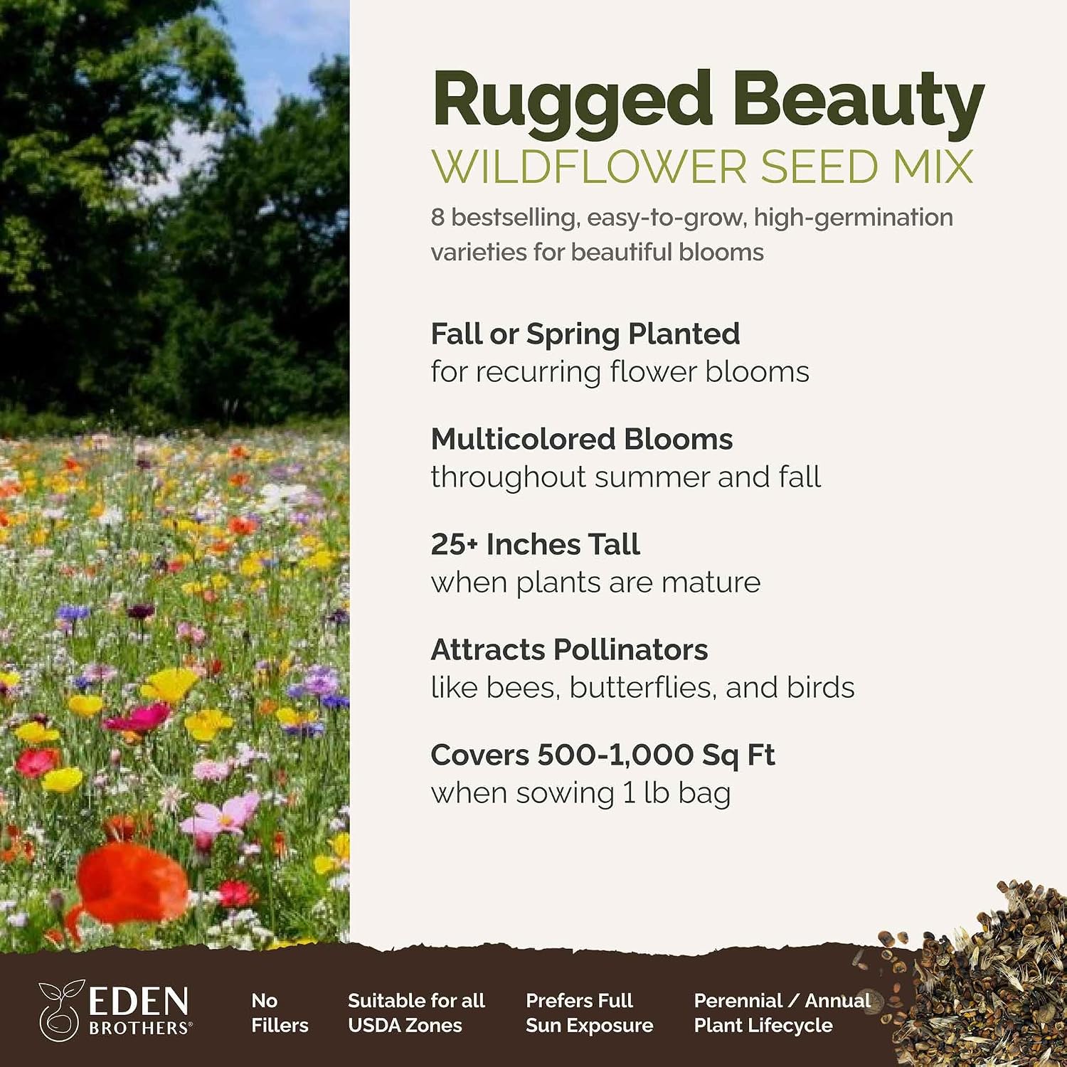 Eden Brothers Rugged Beauty Flower Mixed Seeds for Planting, 1 lb, 480,000+ Seeds with Cornflower Tall Blue, Candytuft